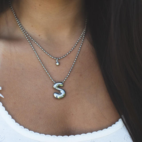 Stainless Steel Initial Necklace + Star Charm Necklace