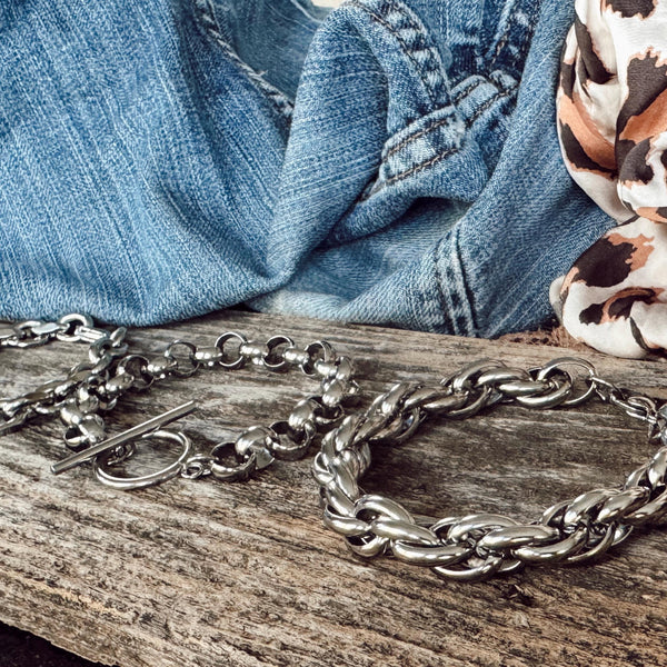 Stainless Steel Rolo Chain + Oval Link Chain + Chunky Layered Oval Link Chain Set