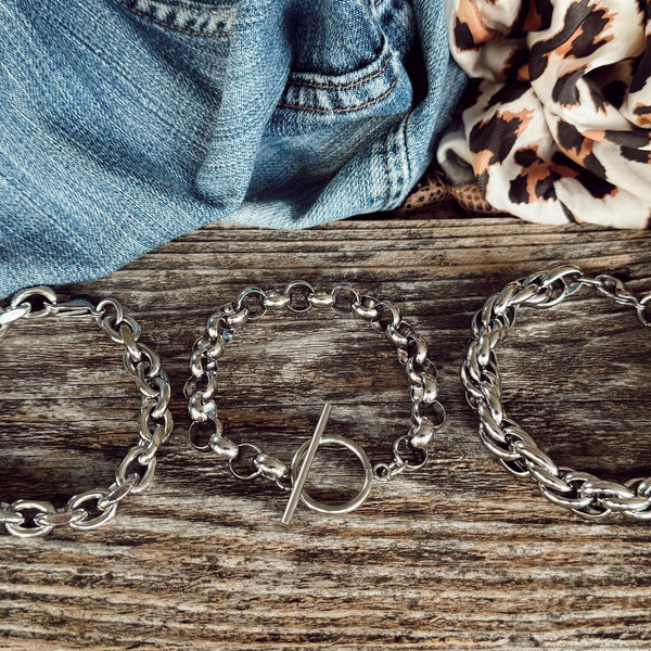 Stainless Steel Rolo Chain + Oval Link Chain + Chunky Layered Oval Link Chain Set