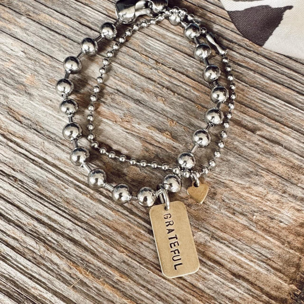Mixed Metal / Stainless Steel and Brass Hand Stamped Bracelet Set - Grateful Brass Tag and Heart Charm bracelet - Grateful Heart Set