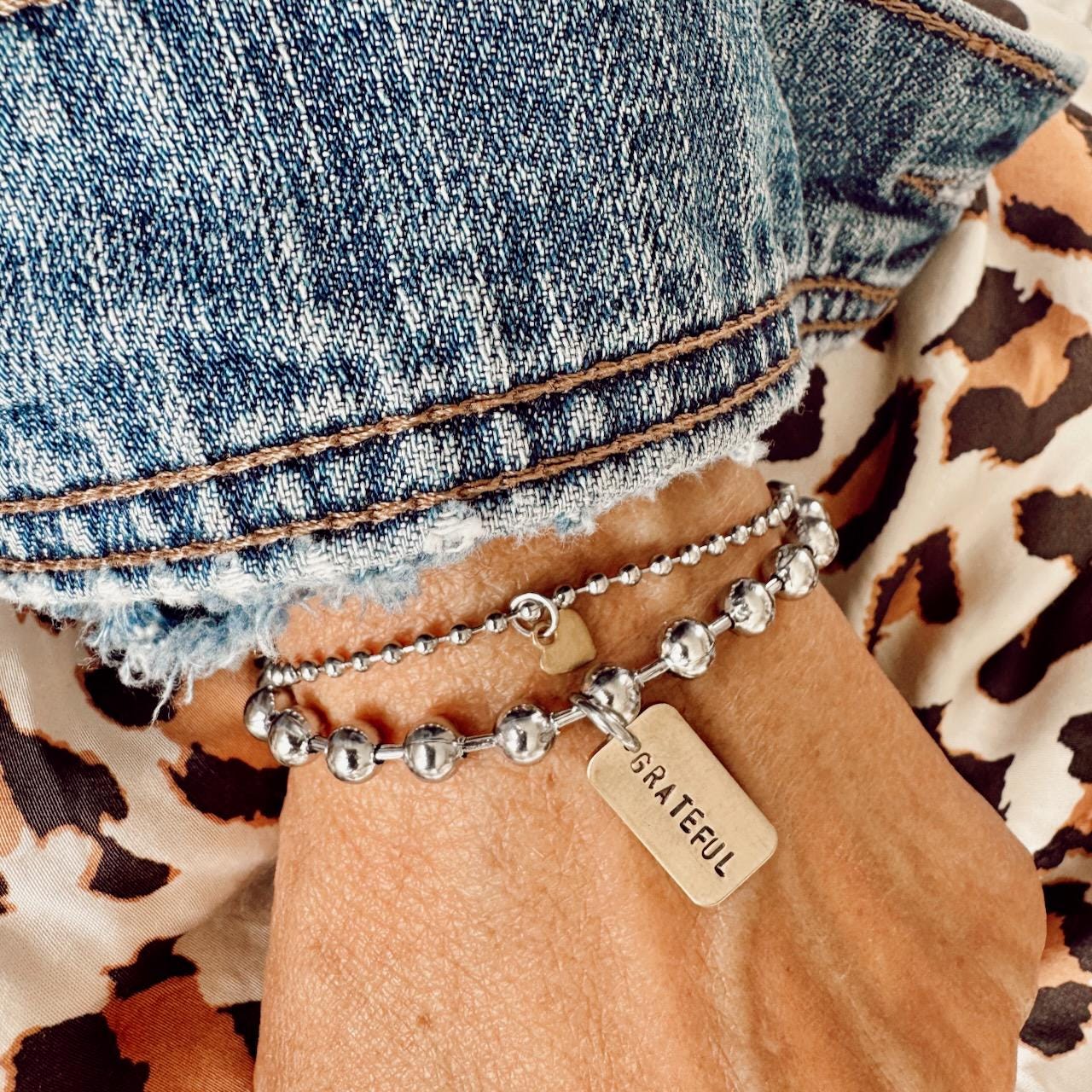Mixed Metal / Stainless Steel and Brass Hand Stamped Bracelet Set - Grateful Brass Tag and Heart Charm bracelet - Grateful Heart Set