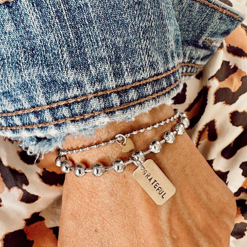 Mixed Metal / Stainless Steel and Brass Hand Stamped Bracelet Set - Grateful Brass Tag and Heart Charm bracelet - Grateful Heart Set