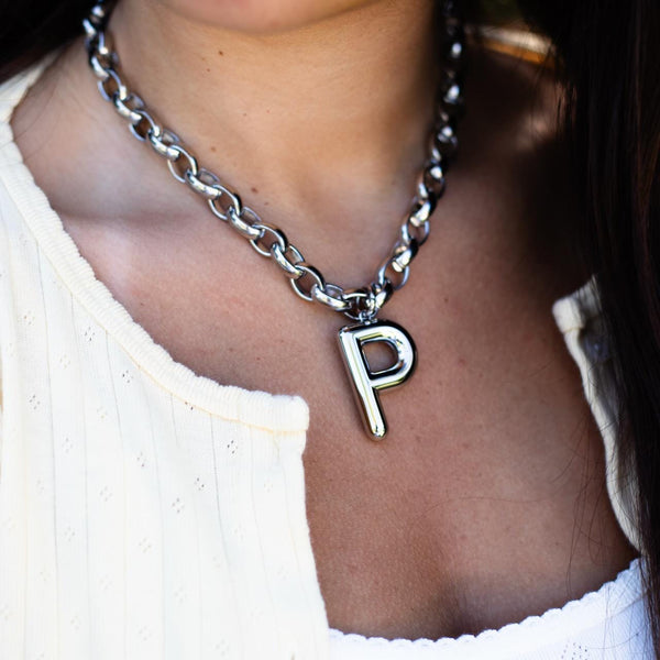 NEW - Stainless Steel Large Initial Necklace w/ our Chunky Stainless Steel Oval Link Chain Necklace - - Waterproof - Statement Necklace