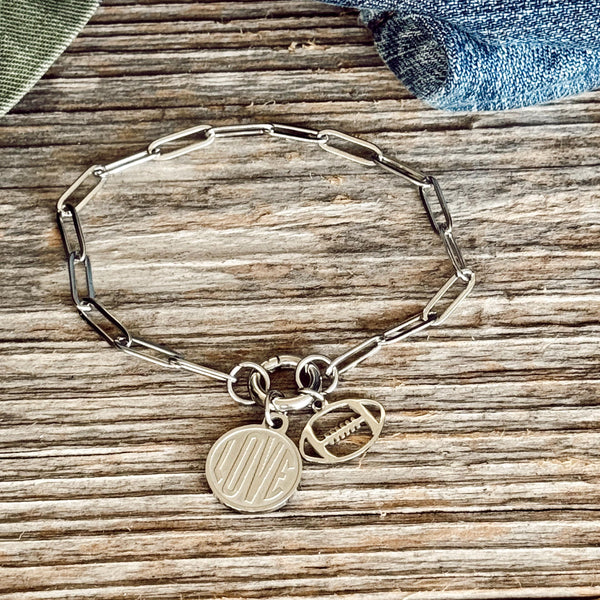 NEW - Stainless Steel Football & Love Charm bracelet - Polished and Shiny - Waterproof, all things proof - Football Mom - Sport Mom
