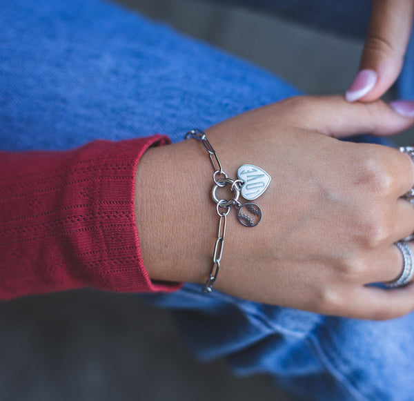 NEW - Stainless Steel Baseball & Love Charm bracelet - Polished and Shiny - Waterproof, all things proof - Football Mom - Sport Mom