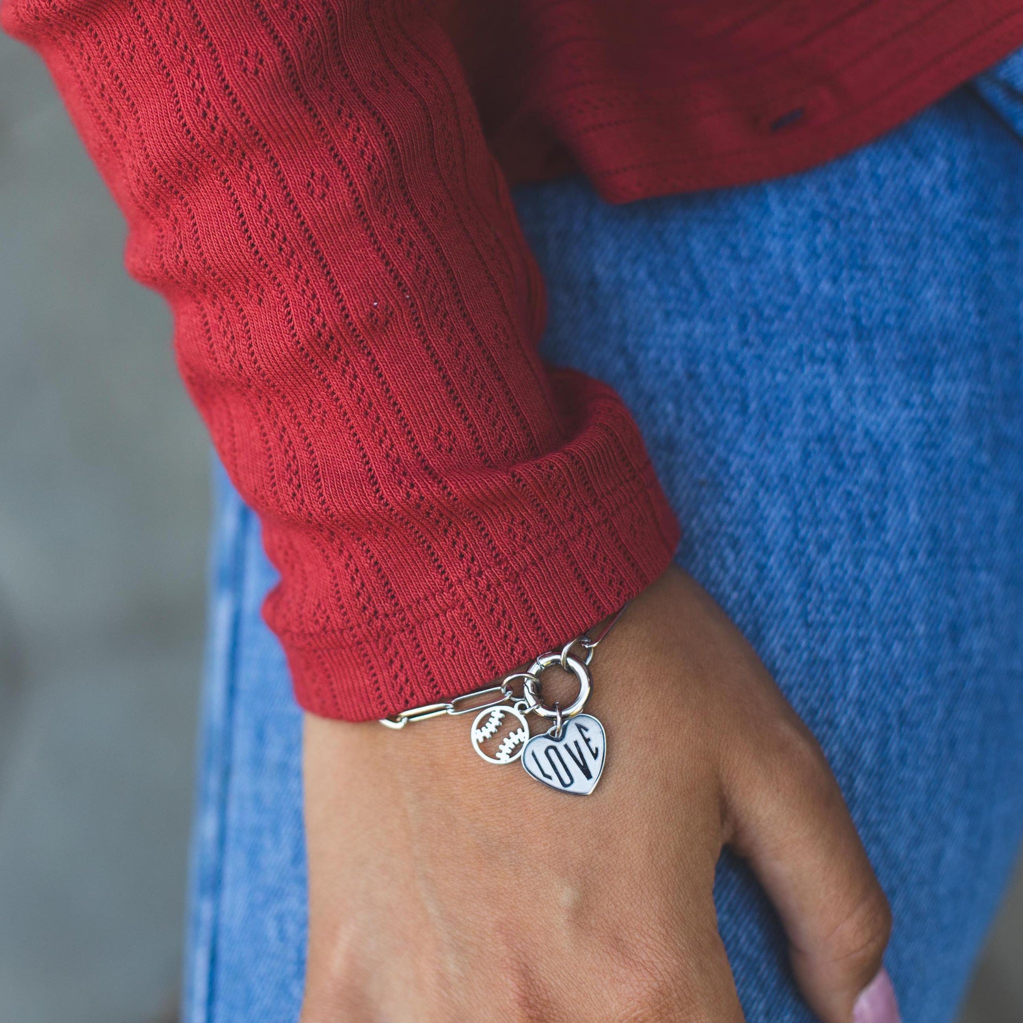 NEW - Stainless Steel Baseball & Love Charm bracelet - Polished and Shiny - Waterproof, all things proof - Football Mom - Sport Mom