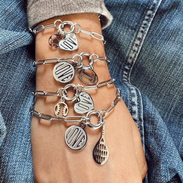 NEW - Stainless Steel Football & Love Charm bracelet - Polished and Shiny - Waterproof, all things proof - Football Mom - Sport Mom